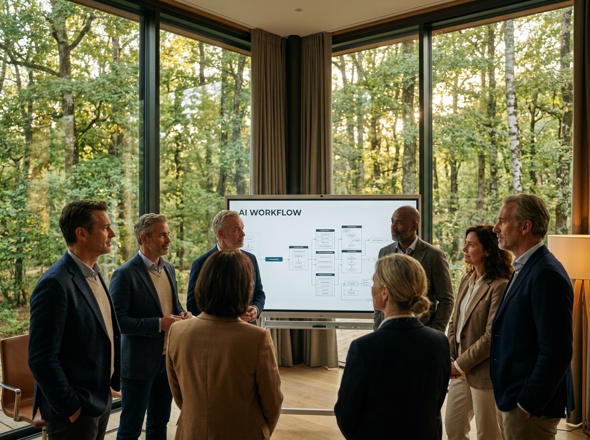 C-level executives at an off-site AI training session in a modern venue